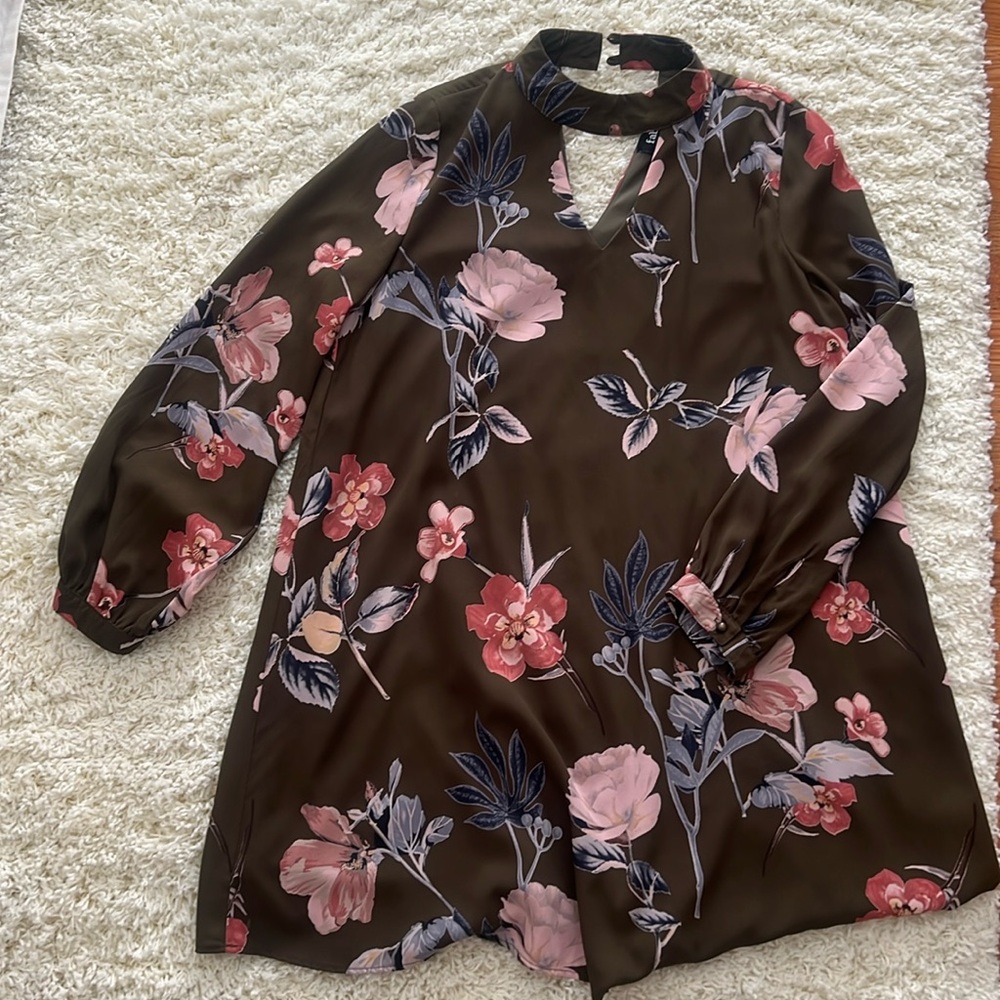 Dark green long sleeve floral print shift dress with high neck.